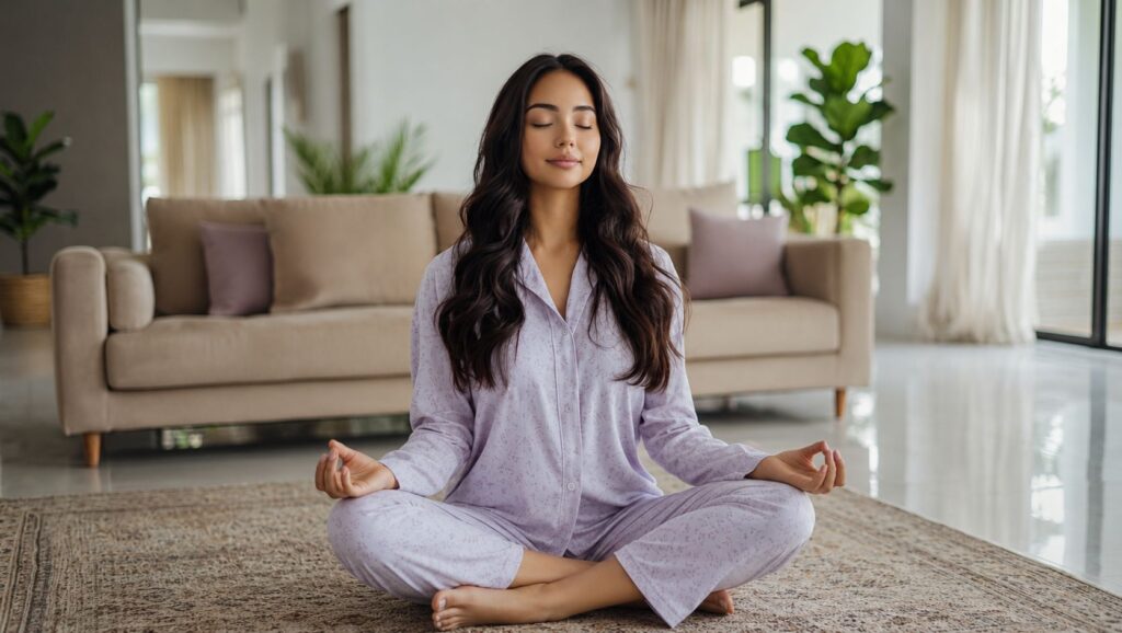 diferencia entre mindfulness y meditación en una mujer colombiana practicando atención plena en casa