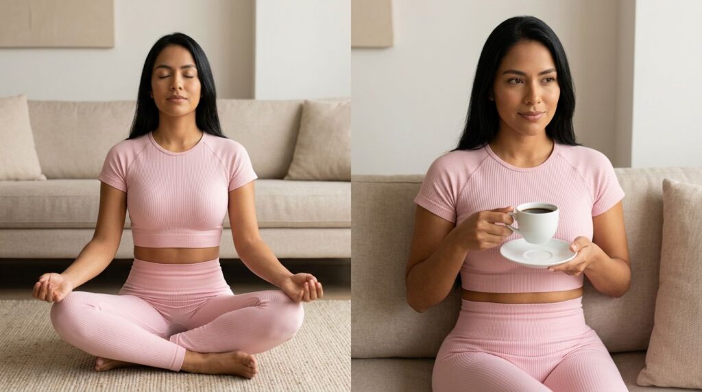 diferencia entre mindfulness y meditación en mujer colombiana practicando bienestar en casa