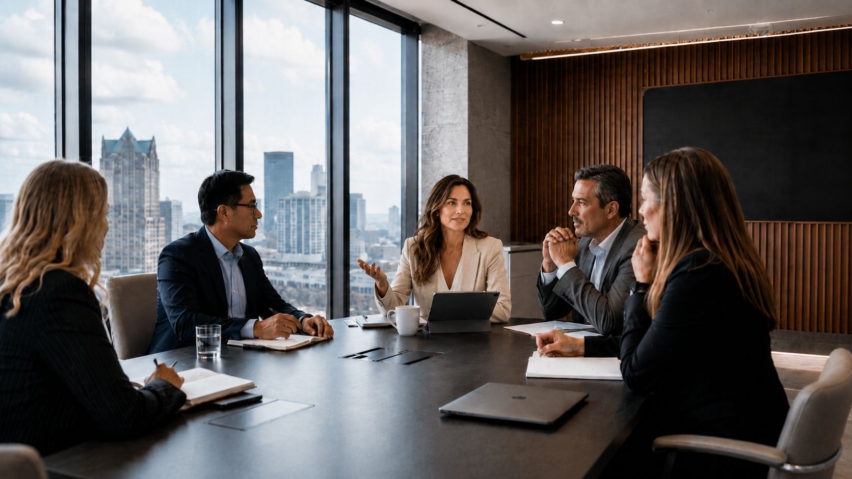 Equipo profesional en una sesión de coaching de equipos para fortalecer la comunicación, la colaboración y el liderazgo.