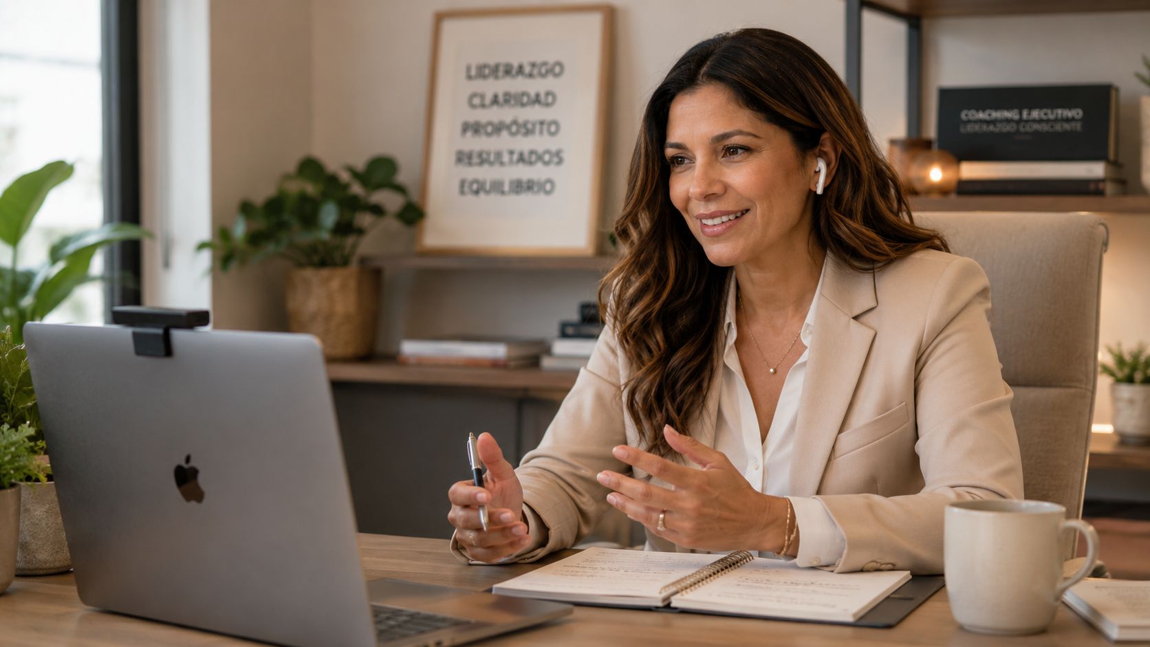 Coach profesional durante una sesión virtual de coaching ejecutivo enfocada en liderazgo, claridad y toma de decisiones.