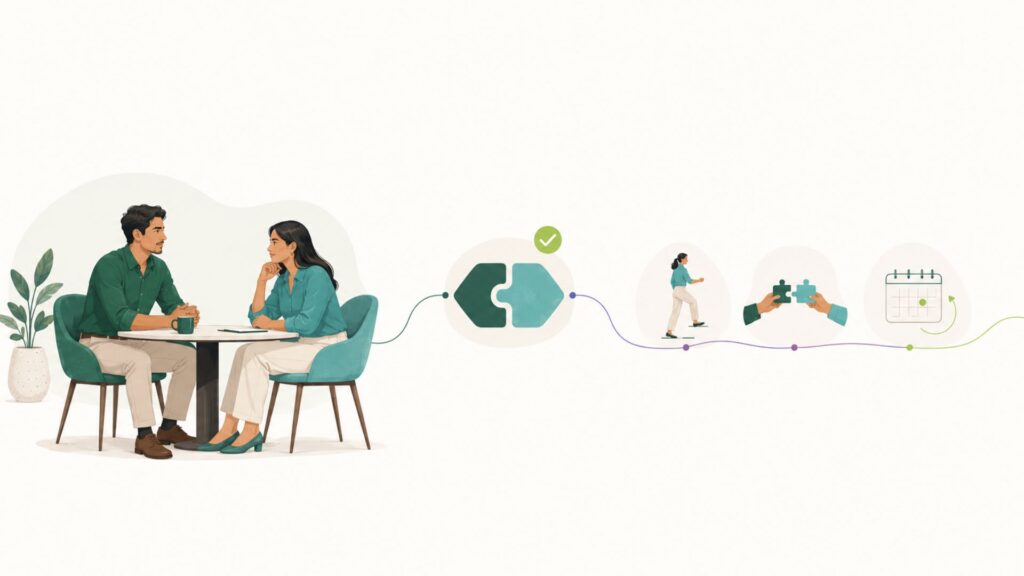 Ilustración de dos profesionales cerrando una conversación difícil con acuerdos y seguimiento.