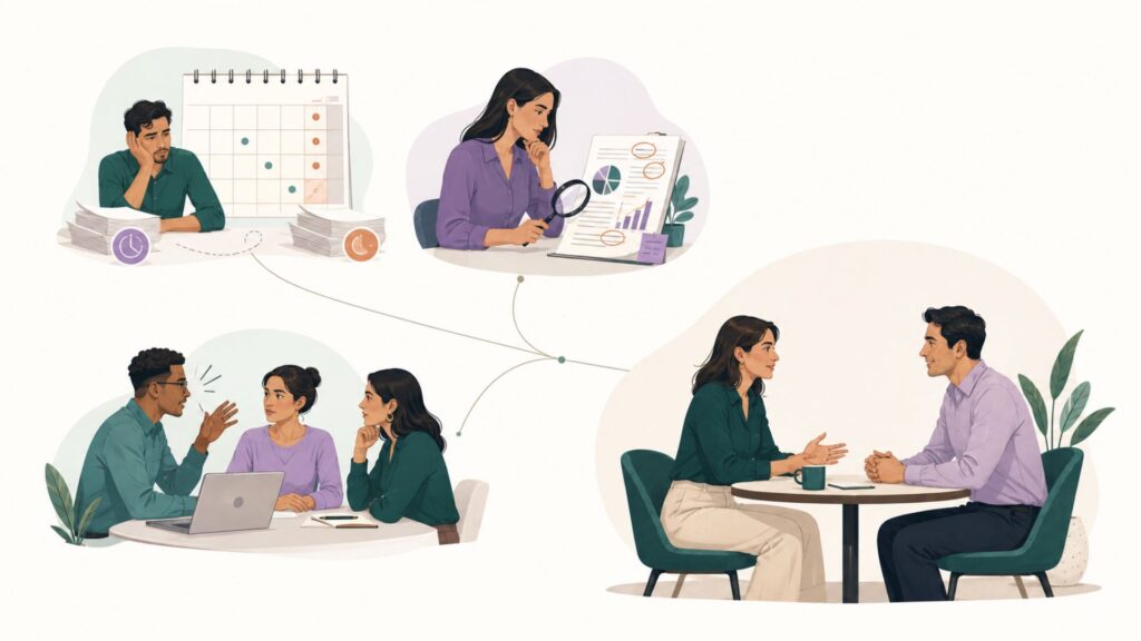 Ilustración de tres situaciones laborales que requieren preparar una conversación difícil.