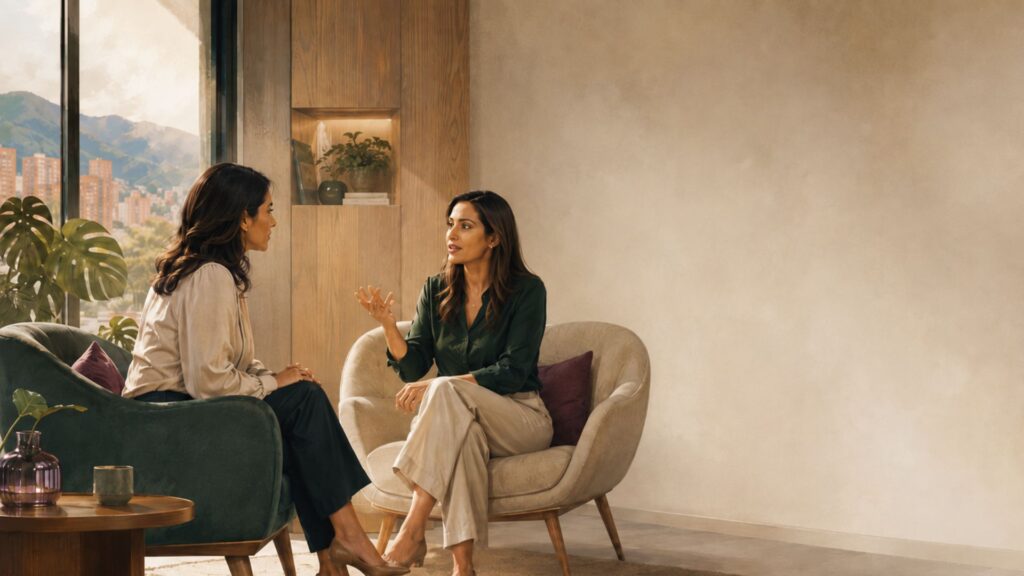 Ilustración de una líder dialogando con una coach ejecutiva sobre una situación profesional.