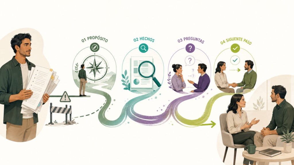 Ilustración sobre cómo preparar una conversación difícil con propósito, hechos, preguntas y un siguiente paso.