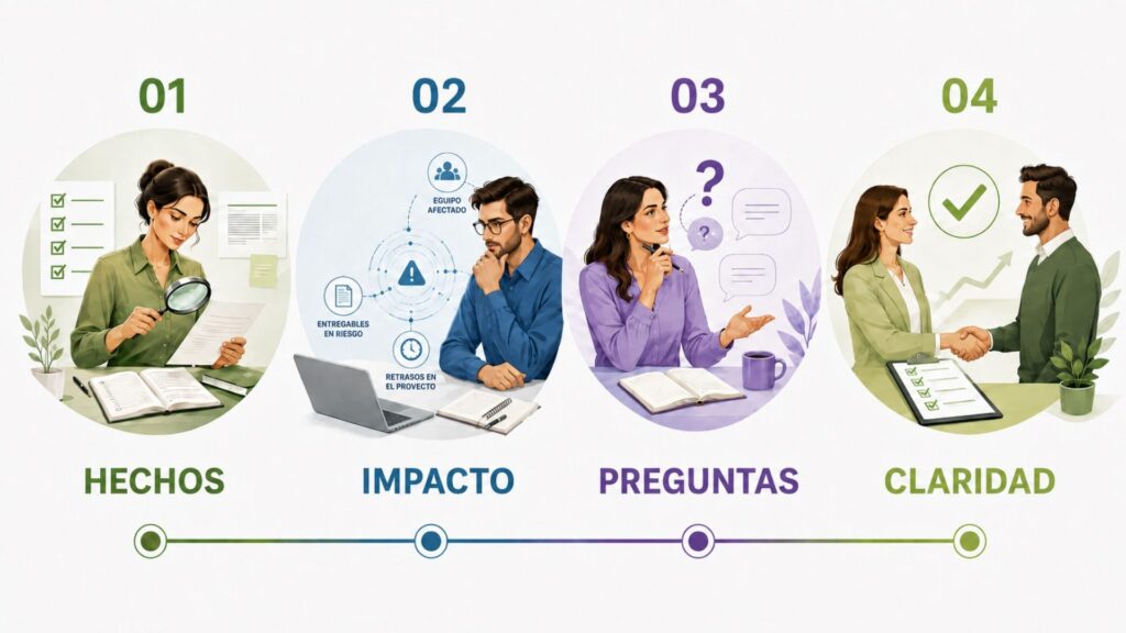 Líder organizando sus ideas antes de una conversación difícil con alguien de su equipo.