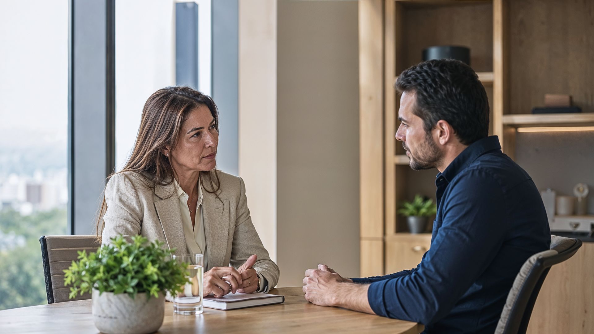 Cómo tener conversaciones difíciles con tu equipo: líder y colaborador durante una conversación profesional.
