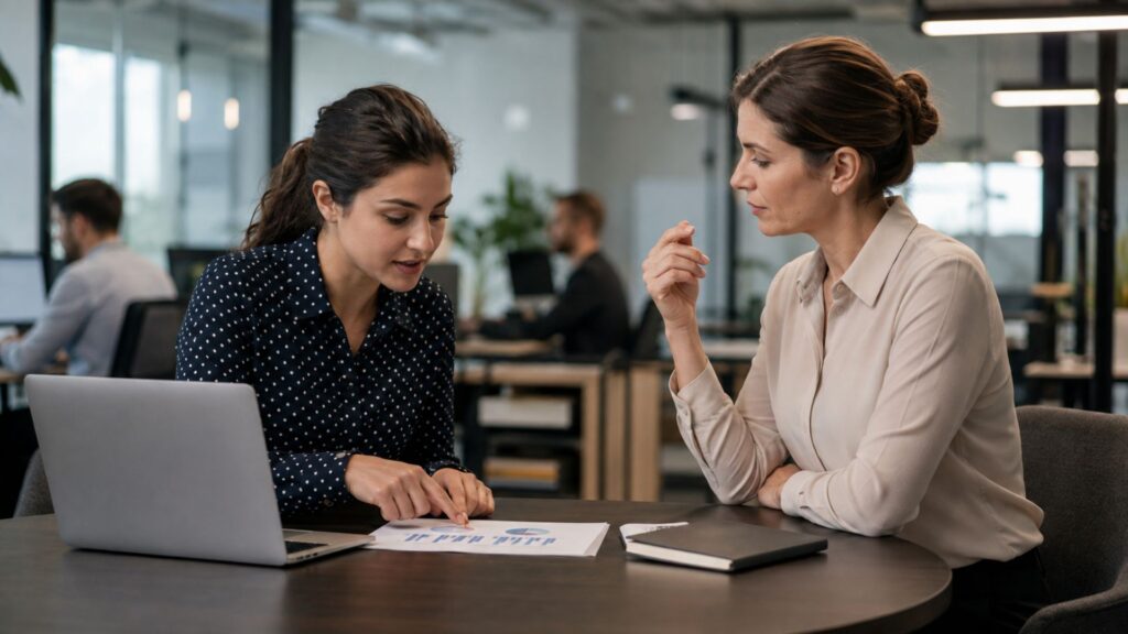 Líder conversa con una integrante del equipo para analizar un error y decidir cómo corregirlo