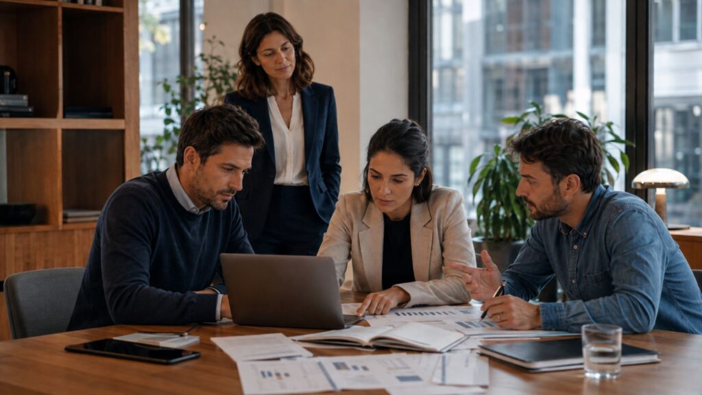 Líder en su primer cargo de liderazgo observa a su equipo analizar y resolver una situación de trabajo de forma autónoma.
