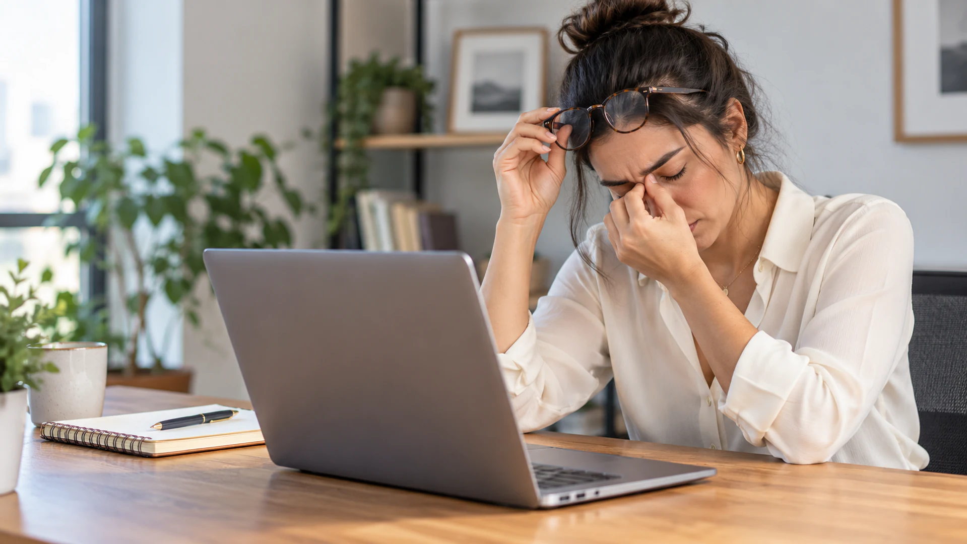 Mujer profesional con cansancio laboral y estrés frente al computador en una oficina
